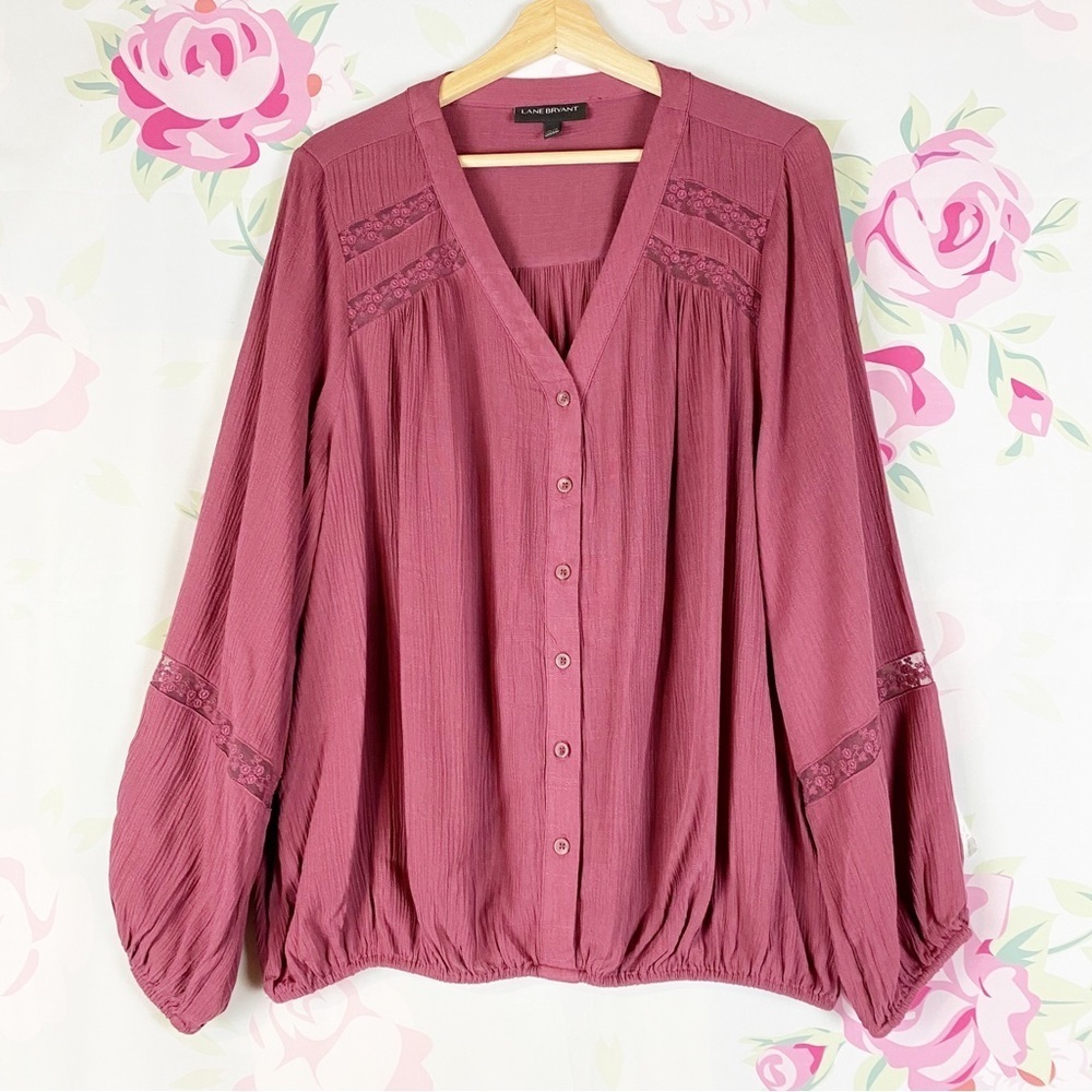 Lane Bryant Bohemian Boho Lace V Neck Button Down Blouse 14 16